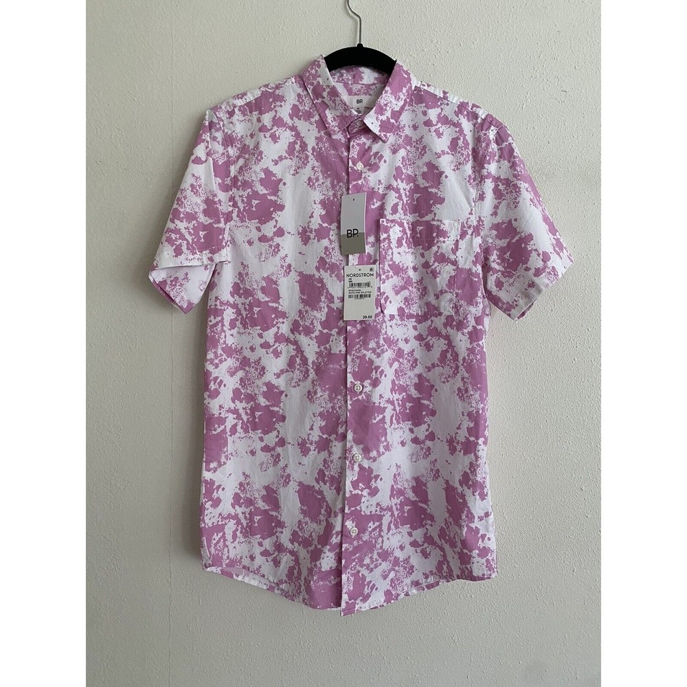 NWT Men’s BP. Button Up Shirt White Pink Splatter Size XS